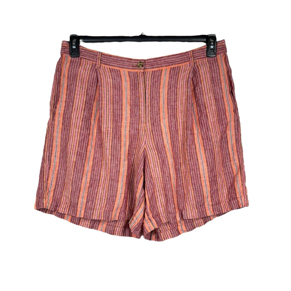 J. Jill SZ 18 Love Linen Shorts Striped Zip-Fly Pockets Pleated Hi-Rise Multi